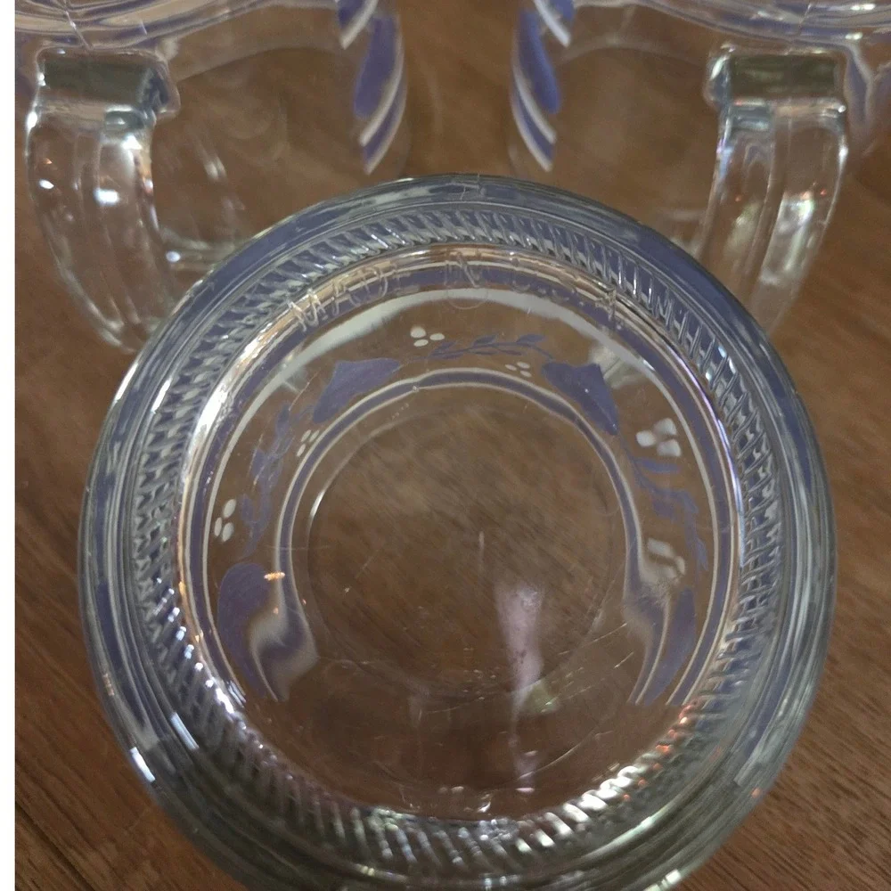 Vintage French Glass‎ Heart Mugs Set of 3 Blue White Stripe Clear